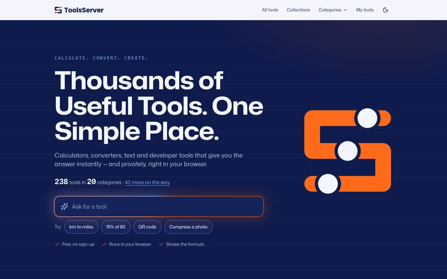 ToolsServer home page: "Thousands of useful tools. One simple place." with a tool search box